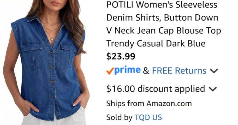 woman wearing sleeveless denim shirt next to Amazon pricing information
