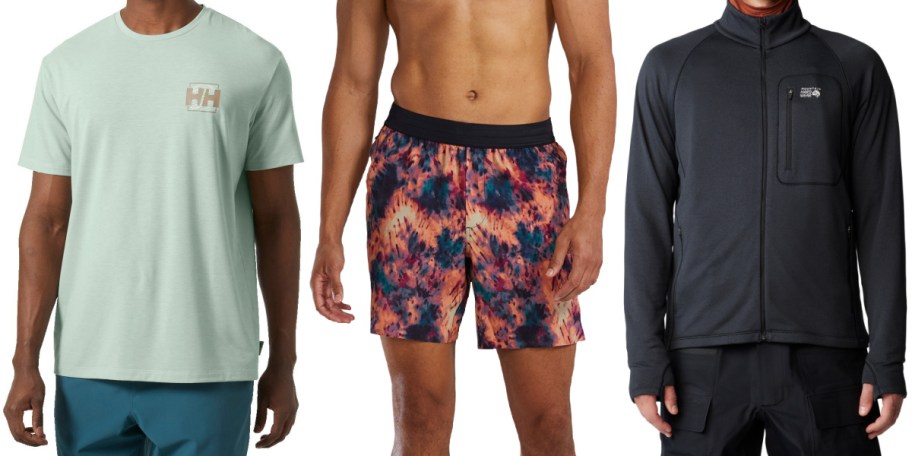 A light green Helly Hansen t-shirt with blue shorts, orange and blue tie-dye running shorts, and a dark gray full-zip fleece jacket with black pants.