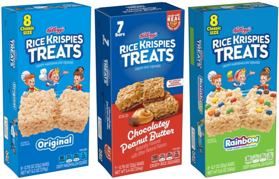 3 boxes of rice krispies treats on a white background