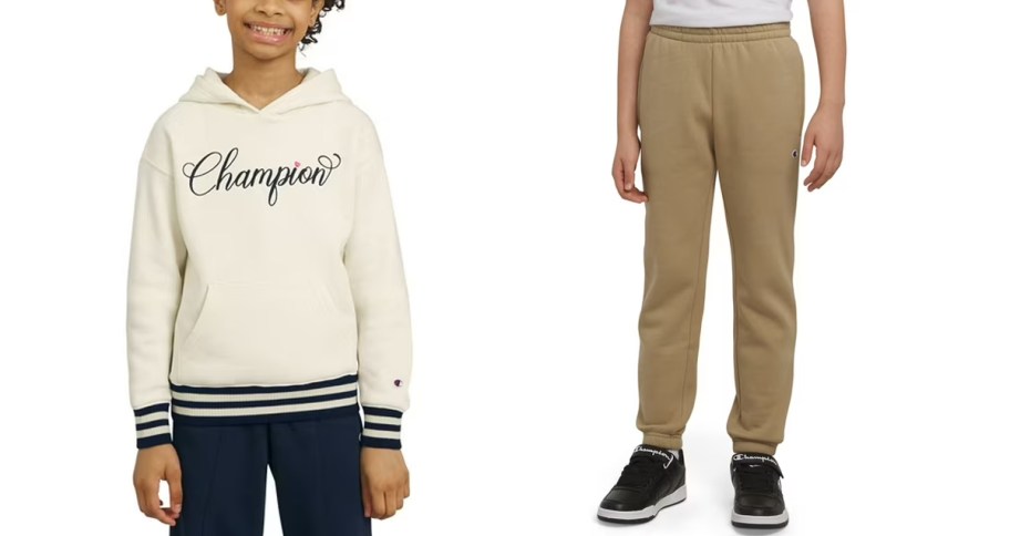 kids wearing white sweatshirt and tan pants 