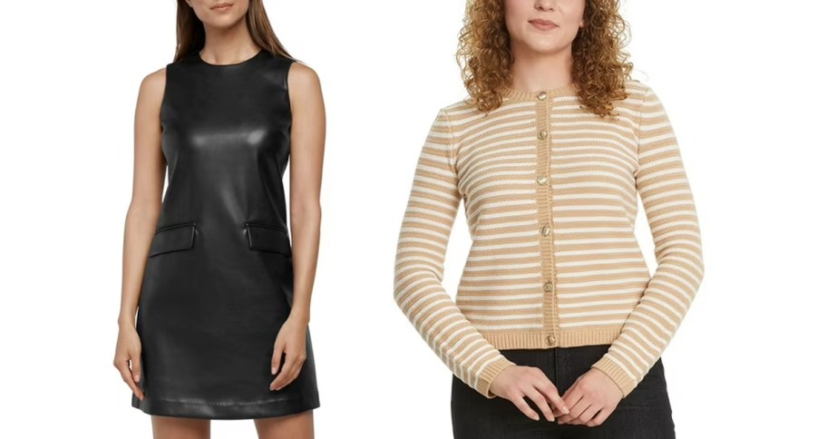 women wearing black dress and tan sweater