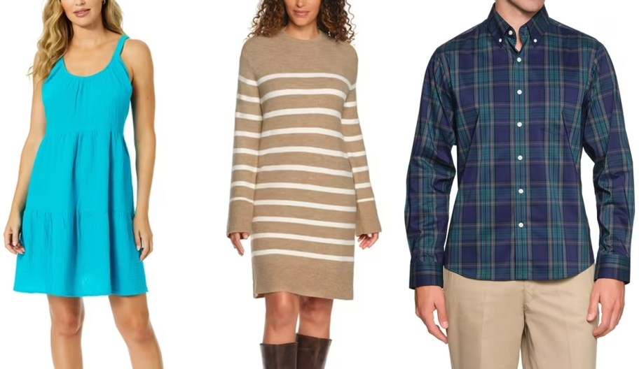 women wearing blue and tan dresses and man in green and blue button down 