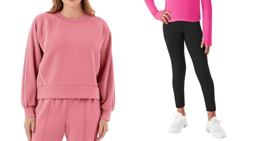 woman in pink sweatshirt and girl in black leggings 