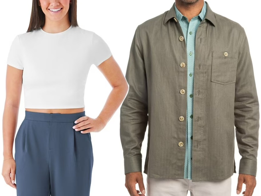 woman wearing white tee and man in green button down 