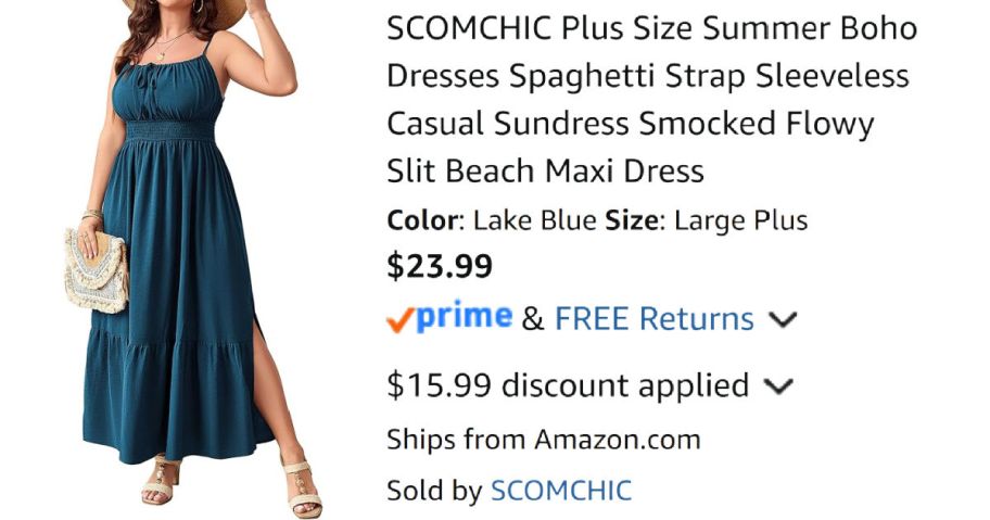woman wearing teal dress next to Amazon pricing information