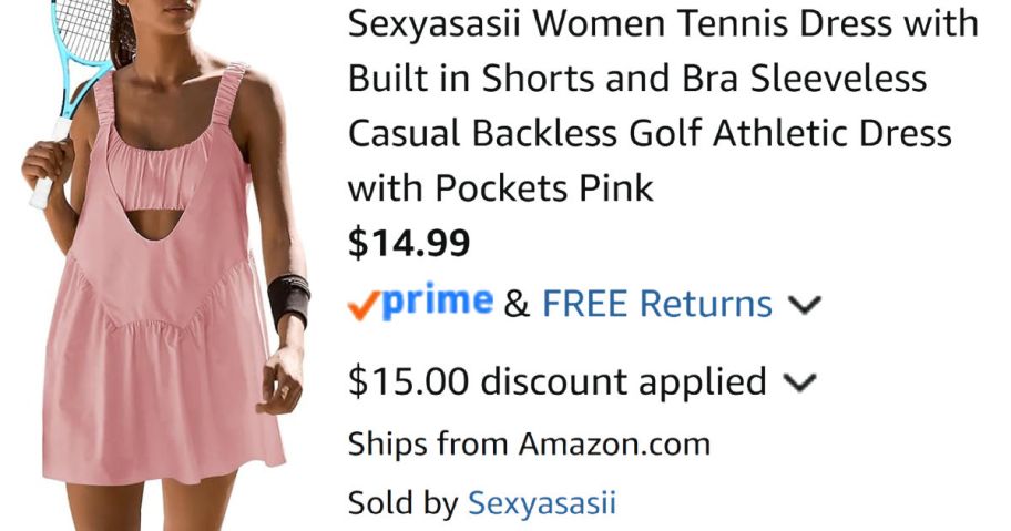 woman with tennis racket wearing pink dress next to Amazon pricing information