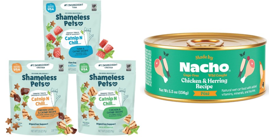 shameless cat treat bags and nacho wet cat food can 
