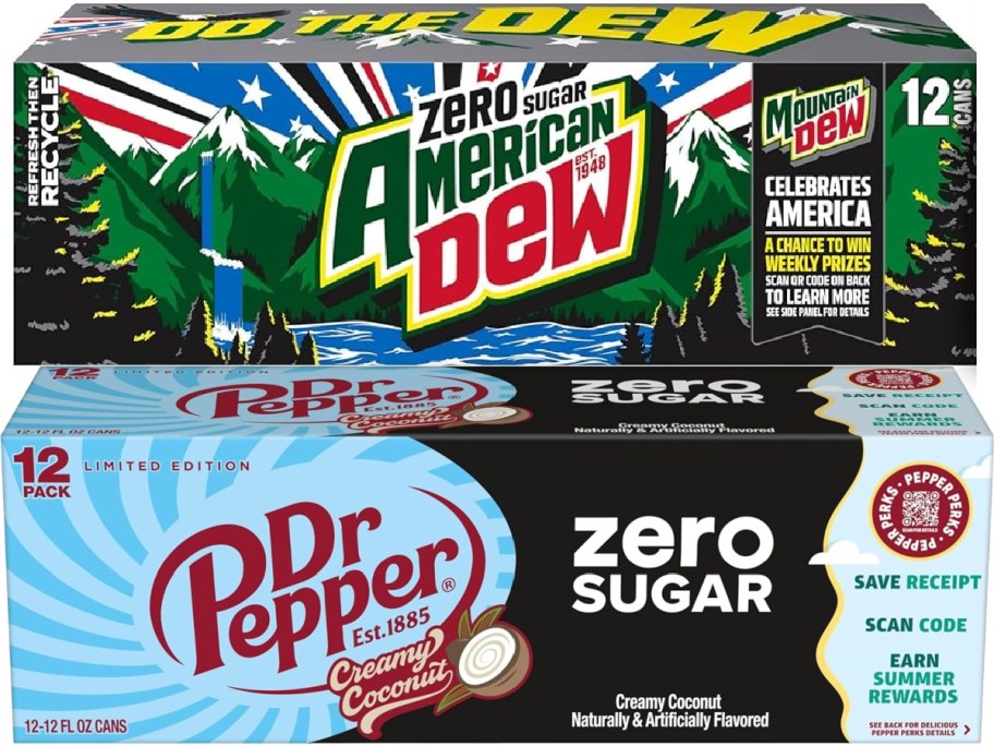 Zero Sugar American Dew and Dr Pepper Creamy Coconut Zero Sugar, 12-pack cans.