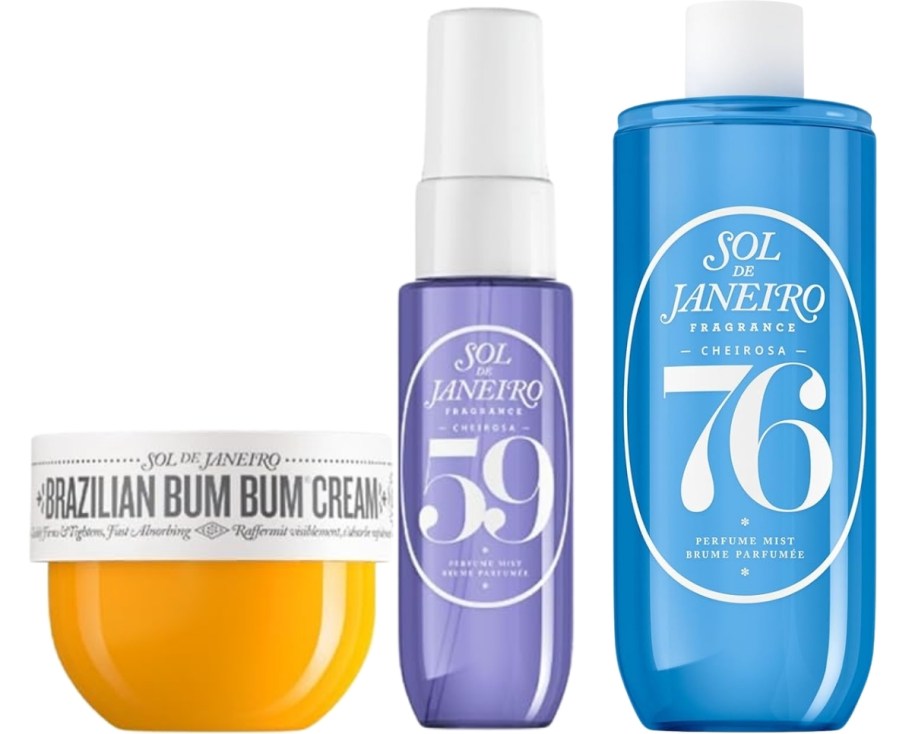 a jar of body cream, a bottle of body mist and a body mist refill