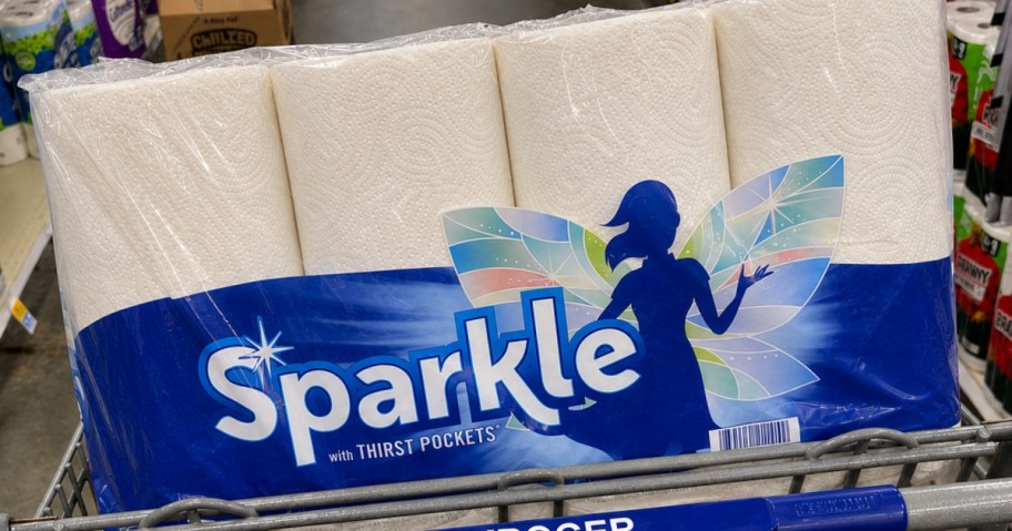 a pack of Sparkle Paper Towels in a shopping cart
