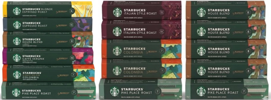 A collection of various Starbucks coffee blends displayed in packaging, including Espresso Roast, Italian Style Roast, House Blend, Cafe Verona, and Colombia blends.