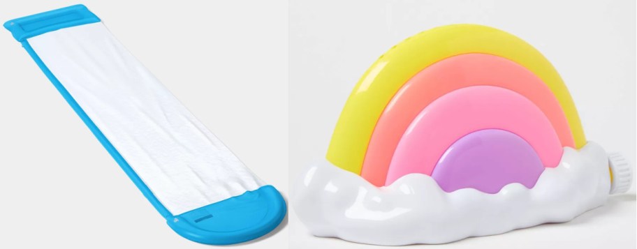 A water slide and a colorful rainbow-shaped pool toy.