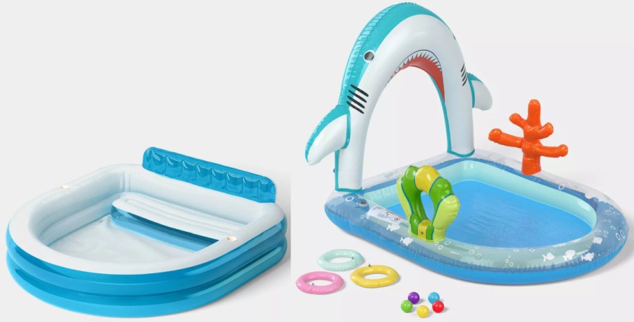 Two Sun Squad inflatable pools. One is blue and one is shark themed.