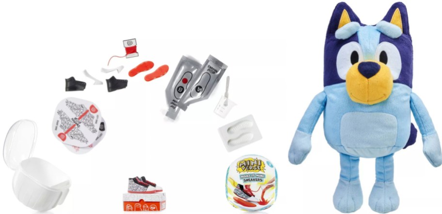 A plush toy character surrounded by various accessories, including shoe figures and play items.