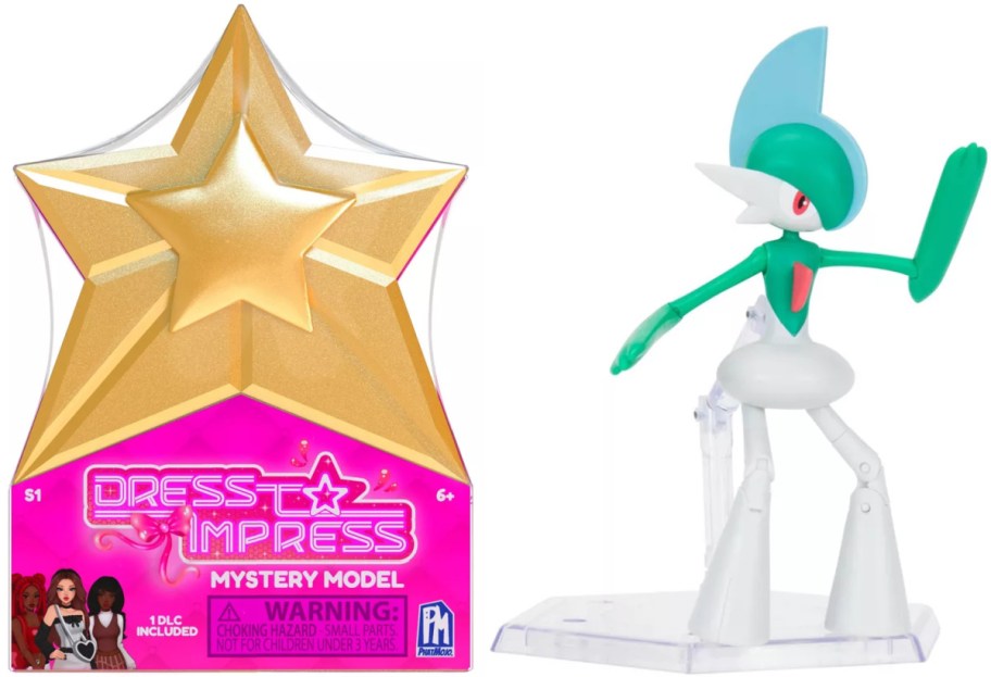 A colorful toy figure model next to a star-shaped package labeled