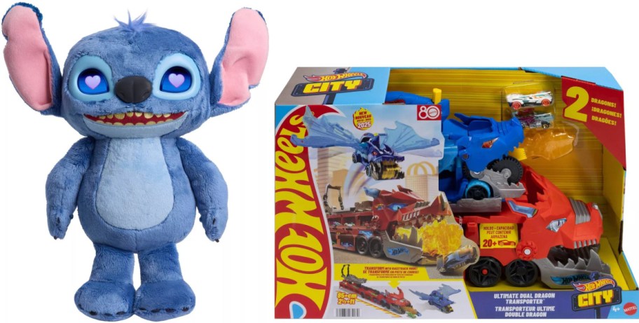A plush toy of Stitch from Disney's Lilo & Stitch next to a Hot Wheels toy set featuring vehicles and dragons.