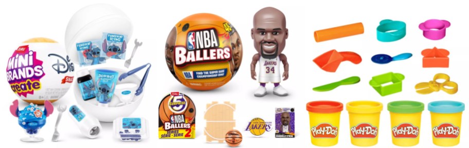 A collection of various toys and playsets including Mini Hands, NBA Ballers set, a figurine, and colorful playdough containers with molds and tools.