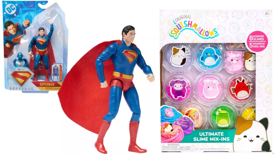 A Superman action figure in a blue and red costume with a cape, next to a box of Squishmallows Ultimate Slime Mix-Ins featuring colorful slime and various cute animal shapes.
