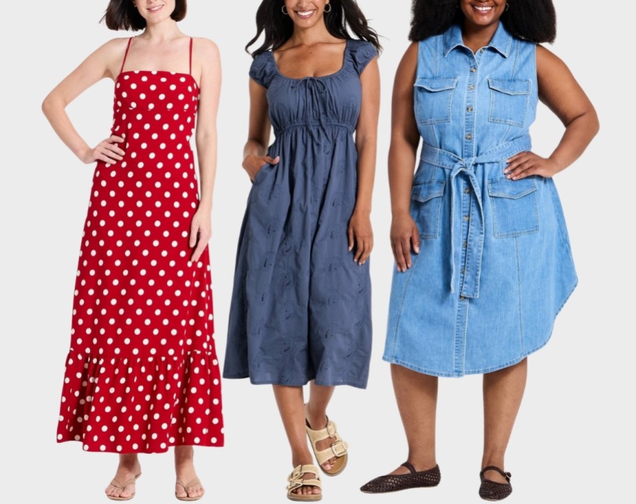 3 women wearing target maxi & midi dresses in 3 different styles