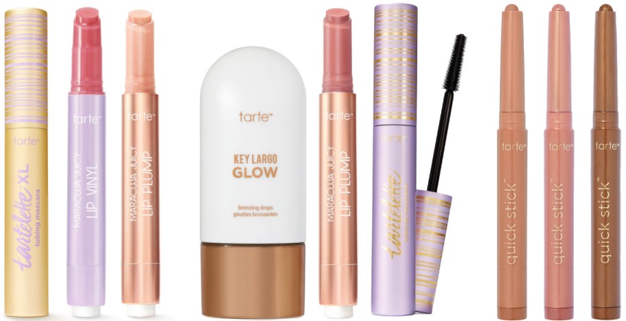 A display of Tarte cosmetics products including lip tints, a highlighter, and a mascara, arranged in a row.