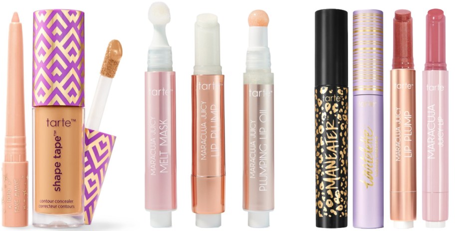 A selection of colorful Tarte cosmetics, including Shape Tape concealer, lip masks, plumping lip oil, and mascaras.