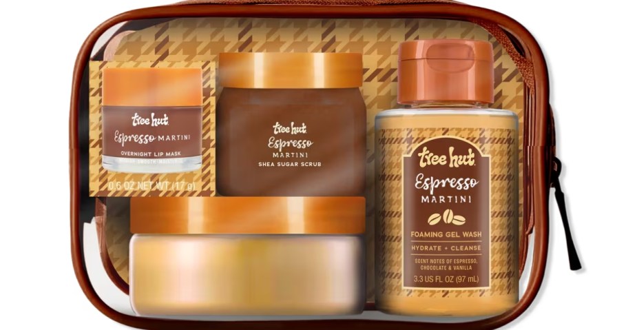 a Tree Hut Espresso Martini gift set in a cosmetic bag
