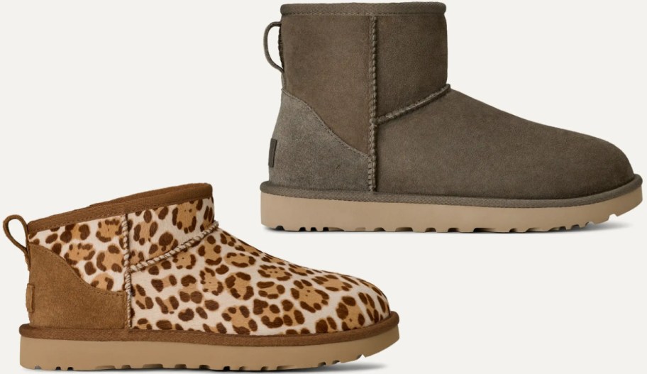 Two pairs of ankle-high boots: one in gray suede and the other with a leopard print design on a tan base.