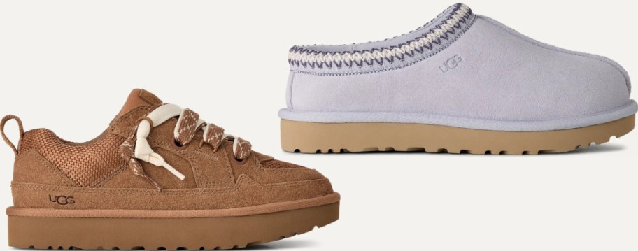 A pair of shoes, one is a brown sneaker with laces and the other is a white slip-on style shoe.