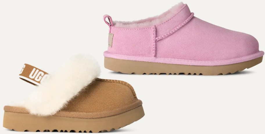 Two pairs of UGG shoes: one is a pink slip-on style and the other is a brown slide with a fluffy band.