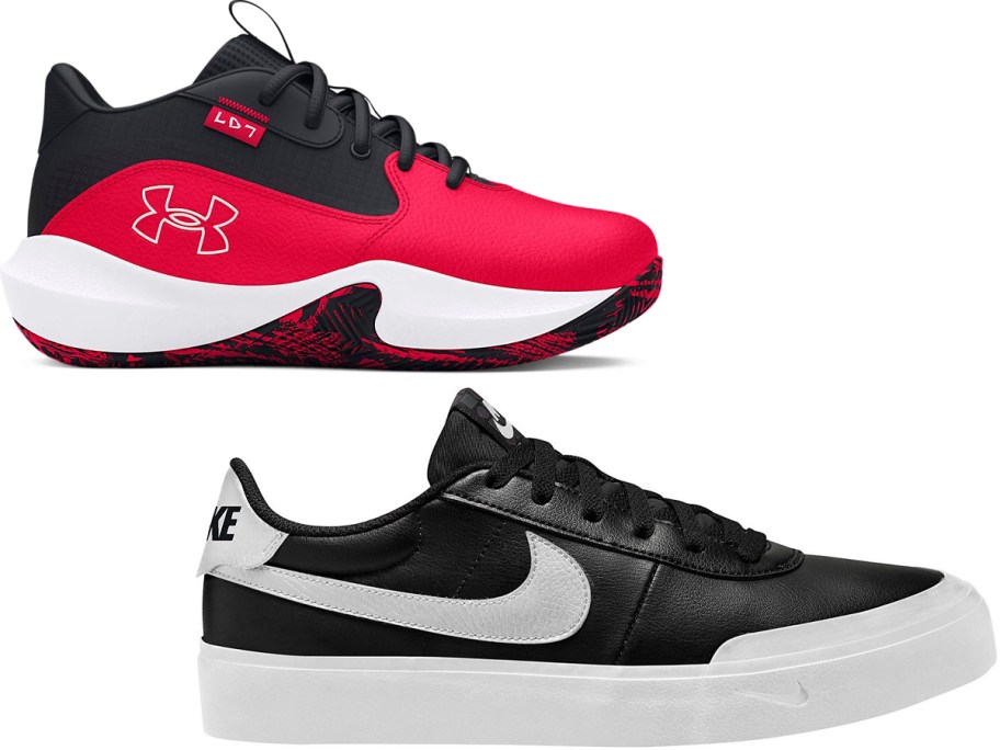 red and black under armour shoes and black nike shoes