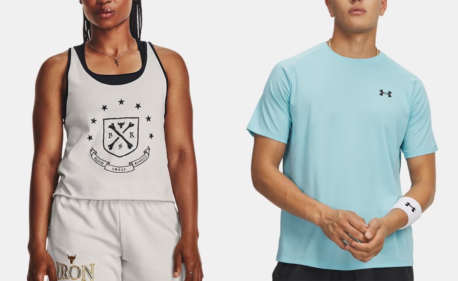 woman wearing gray and man in blue under armour tees 