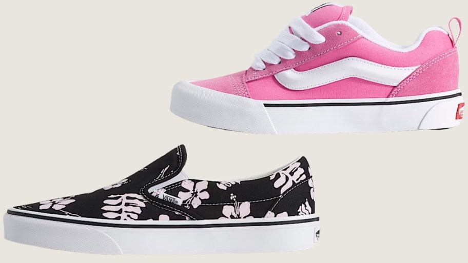 floral print slip on and pink lace up sneaker