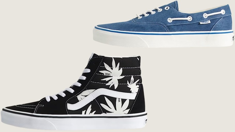 a palm print hi top and a blue boat shoe