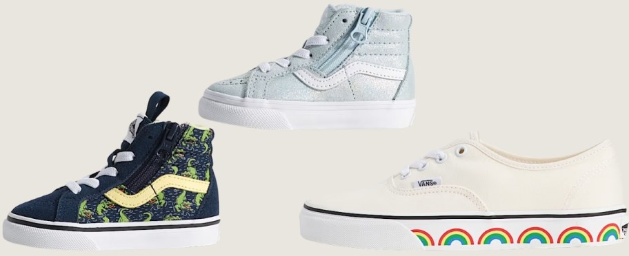 dino and blue toddler hitops and white canvas adult shoe