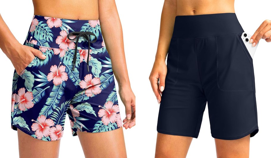 women wearing floral and blue swim shorts 