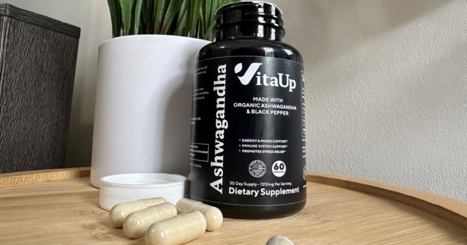 bottle of Ashwagandha supplement and pills