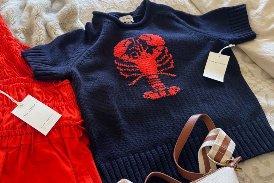 navy blue sweater with red lobster