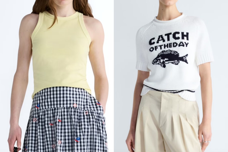 women in yellow tank and fish sweater