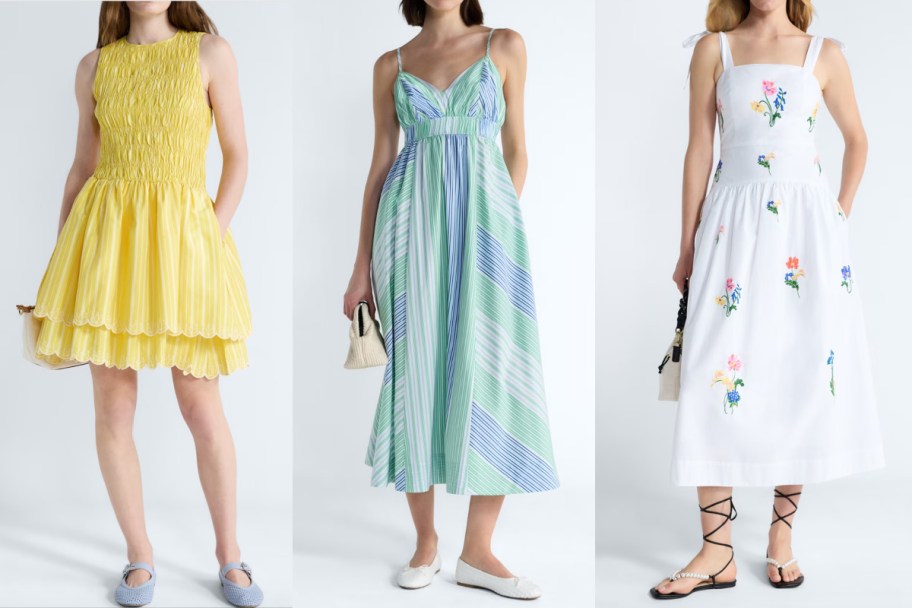 three women in yellow, blue, and white dresses