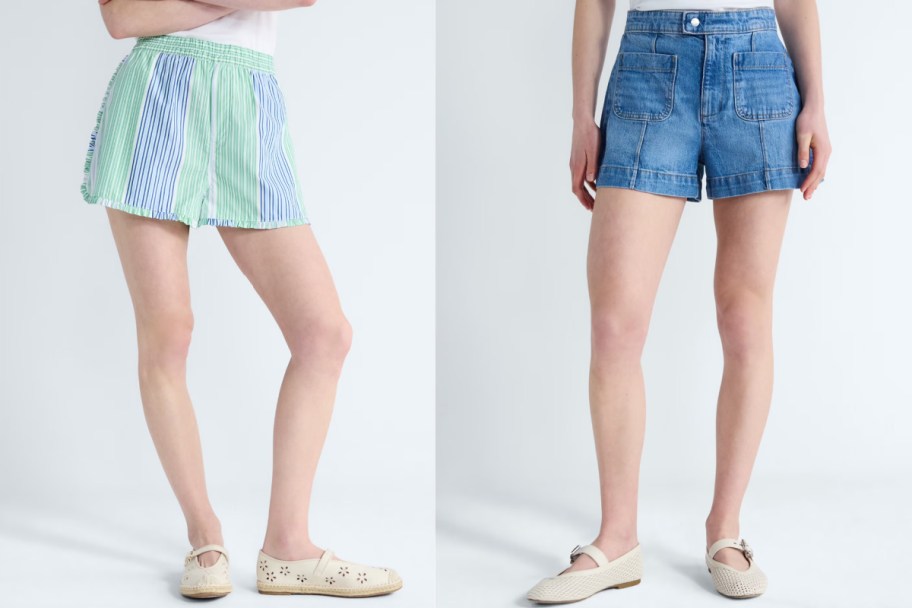 women in light blue and denim shorts