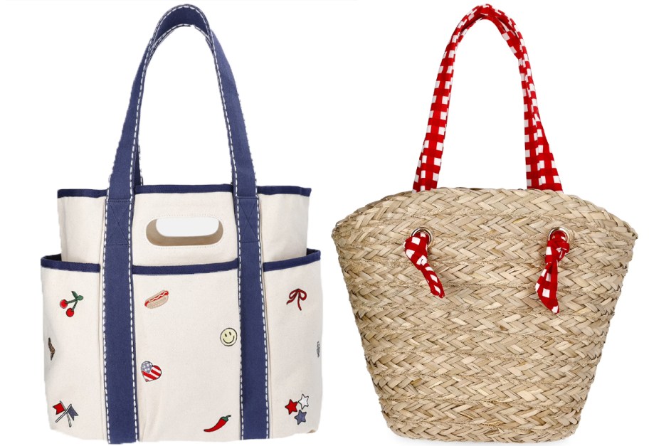 blue and seagrass beach totes