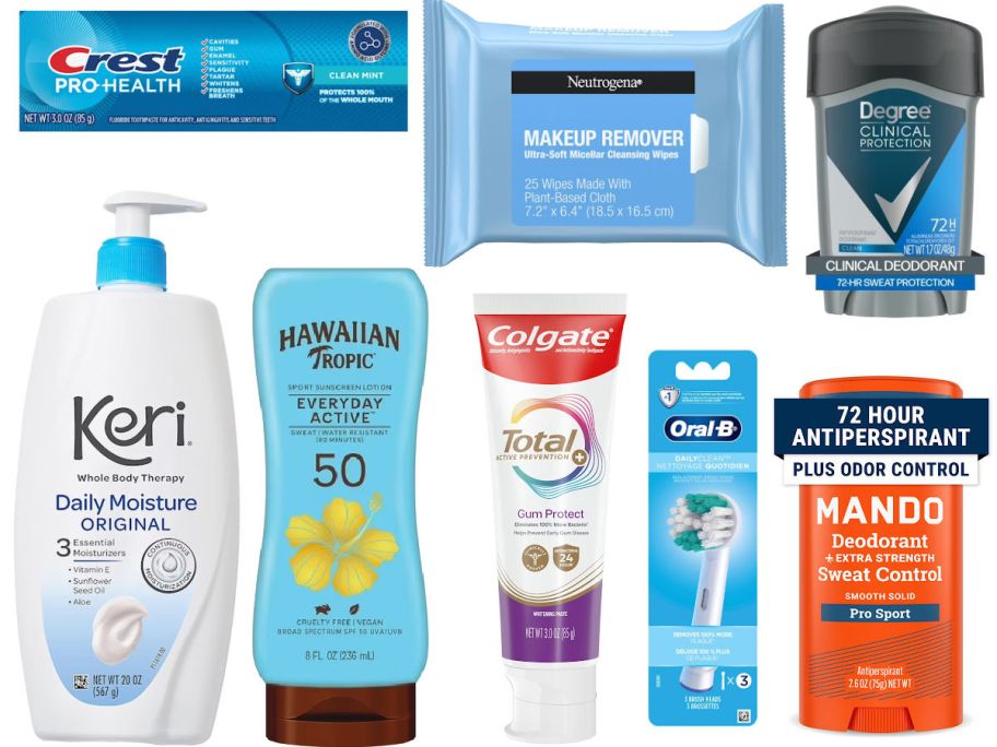 8 personal care items on a white background