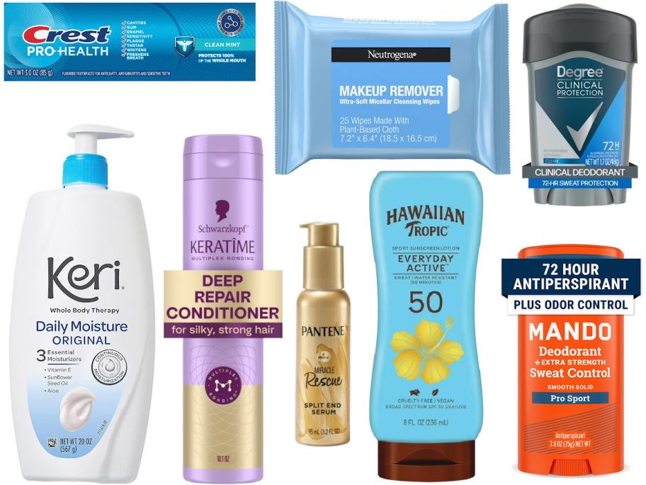 8 personal care items on a white background