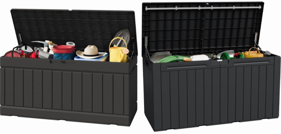 two large brown deck boxes full of beach and garden gear