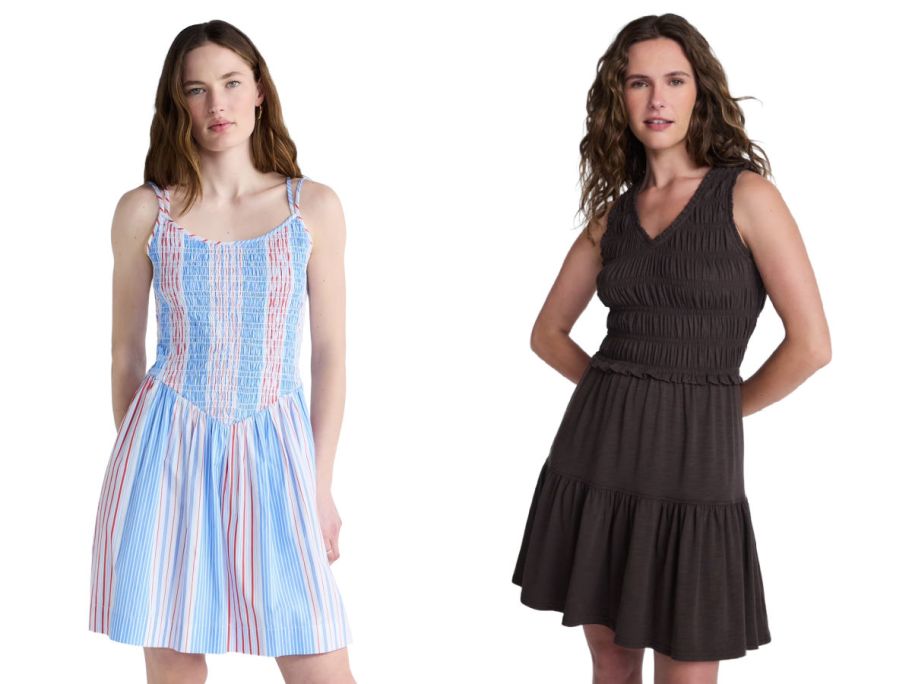 two women wearing dresses on a white background