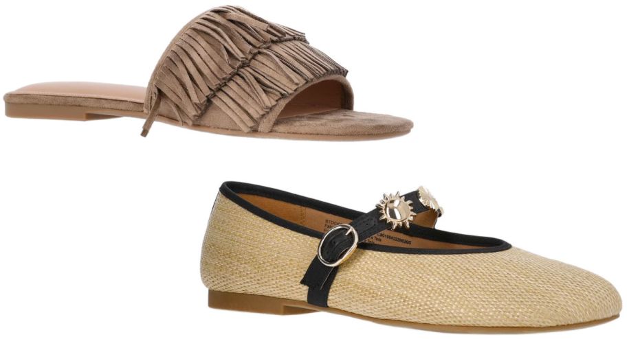 2 pairs of tan shoes on a white background