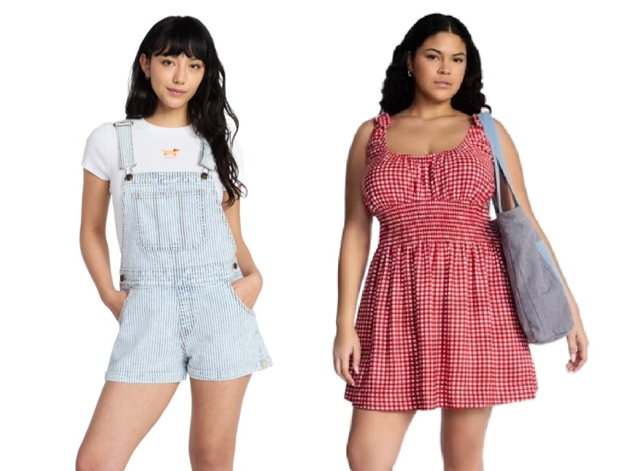 two women from the knees up on a white background