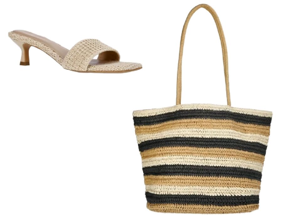 shoe and striped bag on a white background