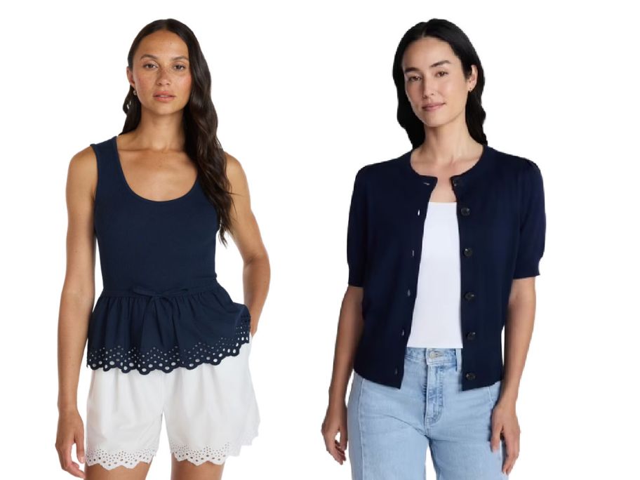 2 women from the waist up on a white background