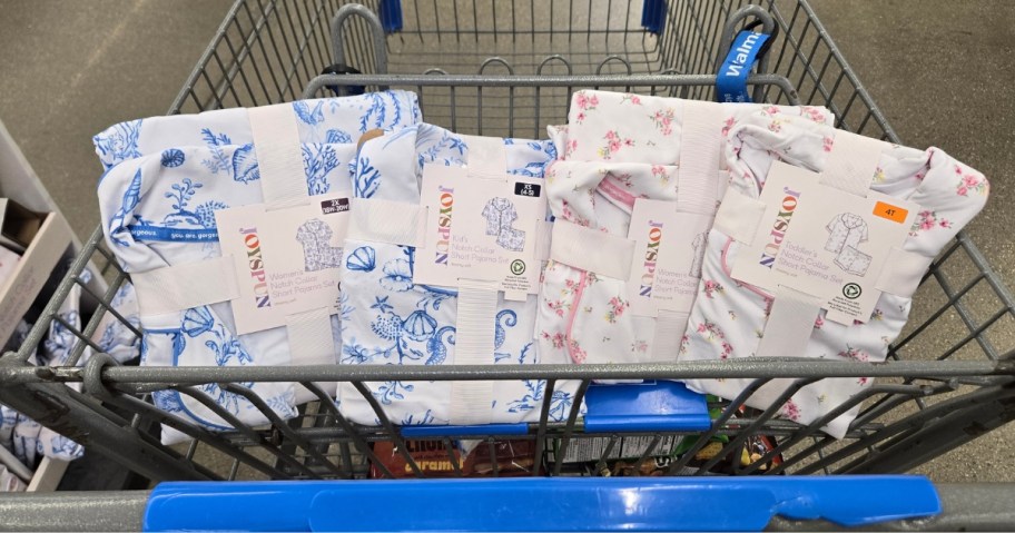 matching pairs of women's and kids pajamas in a Walmart shopping cart